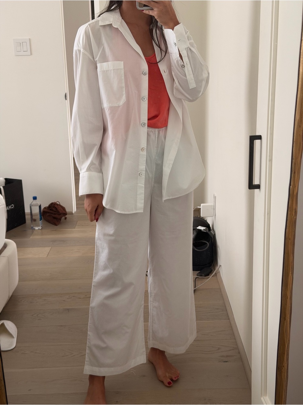 lunya White Wide-Leg Pants with Coral Tank Accent